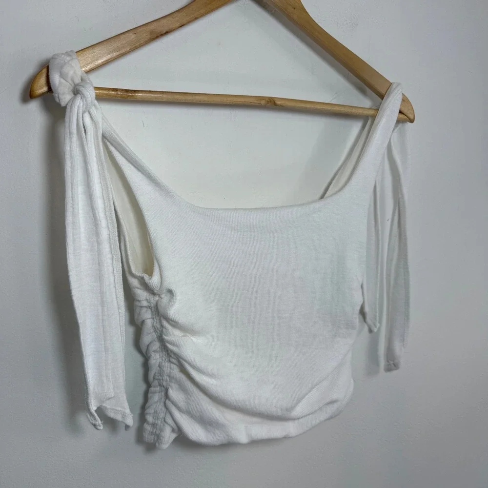 Free People Boulevard Tie Strap Tank Crop Top White Ruched‎ Cotton S Minimalist